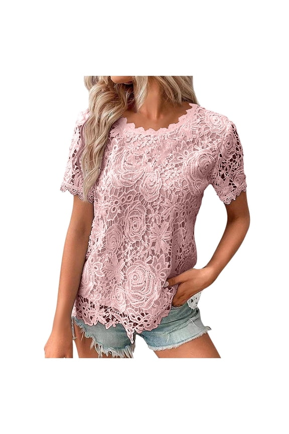 Womens Tshirts Lace Crochet Trim Short Sleeve Crewneck Tees Double Layer Loose Fit Cute Sheer Stretchy Casual Blouses