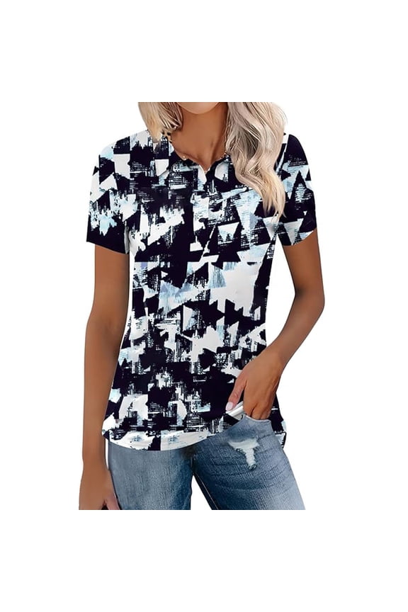 Womens Tshirts Plus Size Caual Printed Lapel Summer Short Sleeve Loose Fit Soft Trendy Fashion Chic Tee Shirts