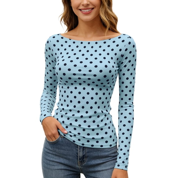 Bibifish Womens Tshirts Polka Dot Print Color Block Pattern Slim Fit Soft Stretch Slim Fit Long Sleeve Spring Daily Commute Trendy Outfits