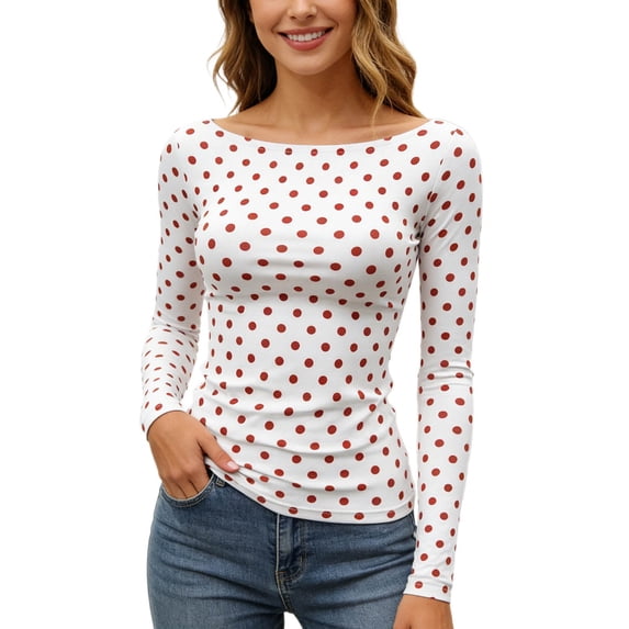 Bibifish Womens Tshirts Polka Dot Print Color Block Pattern Slim Fit Soft Stretch Slim Fit Long Sleeve Spring Daily Commute Trendy Outfits
