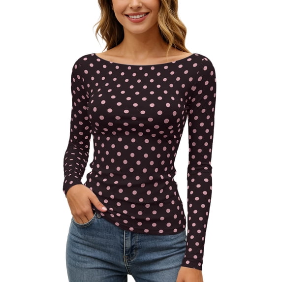 Bibifish Womens Tshirts Polka Dot Print Color Block Pattern Slim Fit Soft Stretch Slim Fit Long Sleeve Spring Daily Commute Trendy Outfits