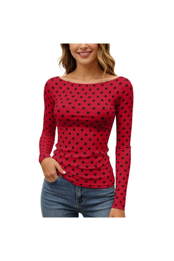 Womens Tshirts Polka Dot Print Color Block Pattern Slim Fit Soft Stretch Slim Fit Long Sleeve Spring Daily Commute Trendy Outfits