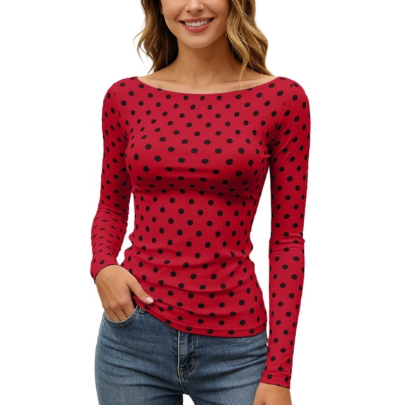 Bibifish Womens Tshirts Polka Dot Print Color Block Pattern Slim Fit Soft Stretch Slim Fit Long Sleeve Spring Daily Commute Trendy Outfits