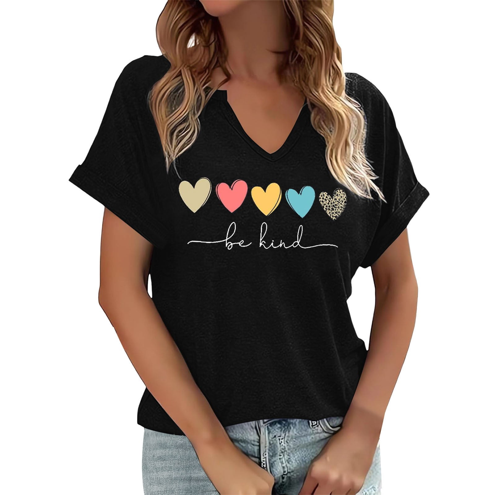 Bibifish Womens Tshirts Short Sleeve V Neck Soft Slim Fit Love Heart ...