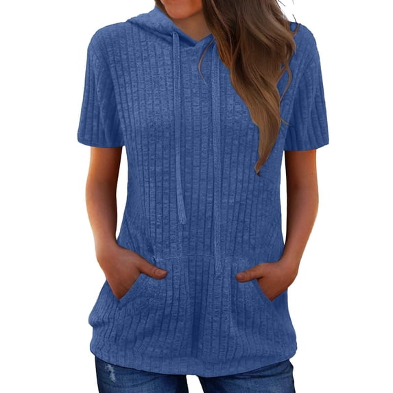 Bibifish Womens Tshirts Solid Ribbed Soft Breathable Hooded With Pocket Crew Neck Short Sleeve Summer Daily Vacation Stylish Pullover Top