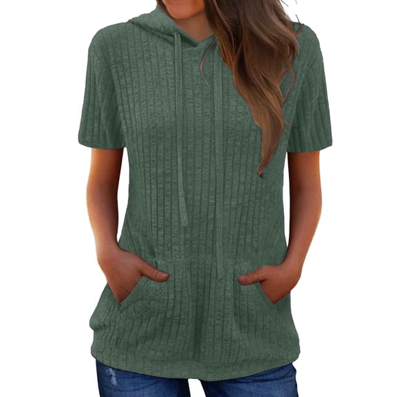 Bibifish Womens Tshirts Solid Ribbed Soft Breathable Hooded With Pocket Crew Neck Short Sleeve Summer Daily Vacation Stylish Pullover Top