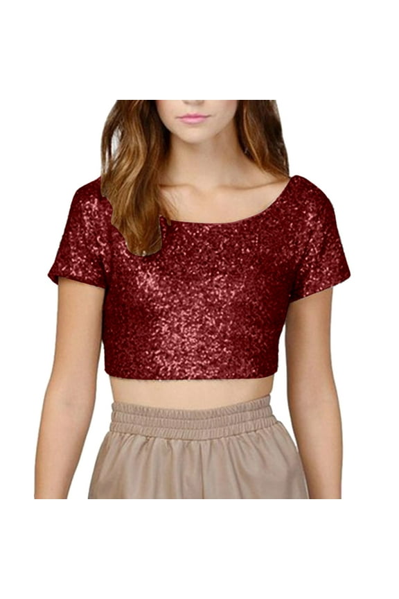 Womens Tshirts Sparkly Sequin Backless Crop Top Short Sleeve Crewneck Tees Party Night Out Blouses Cute Trendy Glamorous Trendy Tops