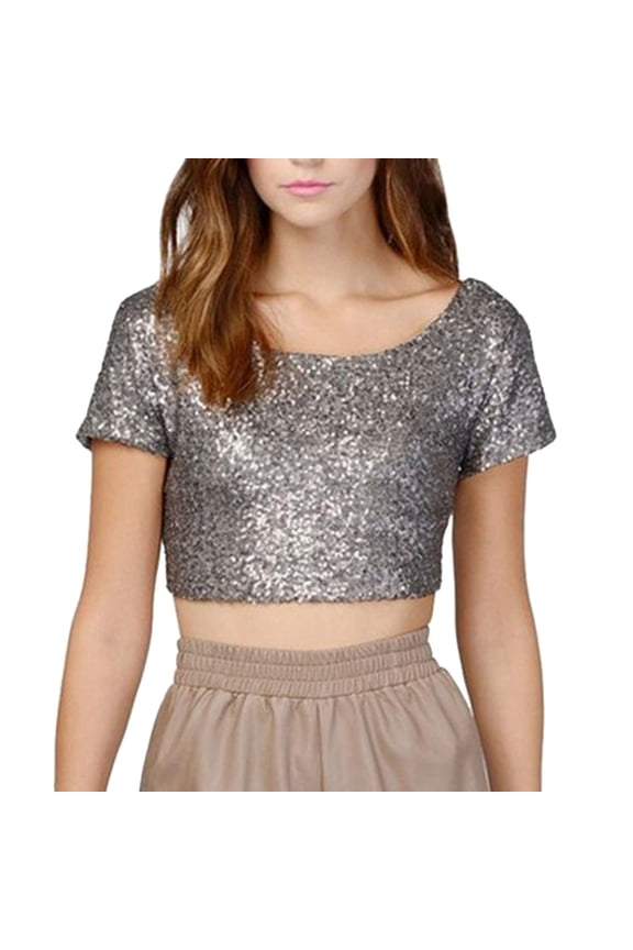 Womens Tshirts Sparkly Sequin Backless Crop Top Short Sleeve Crewneck Tees Party Night Out Blouses Cute Trendy Glamorous Trendy Tops