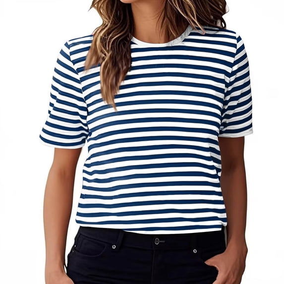 Bibifish Womens Tshirts Summer Casual Stripe Print Soft Smooth Crewneck Short-Sleeve Tshirts Classic Daily Wear Casual Sports Streetwear Soft Tees