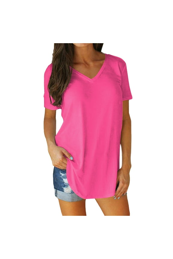 Womens Tshirts Summer V Neck Short Sleeve Loose T-Shirts With Side Split Curved Hem Plus Size Solid Color Breathable Daily Outings Beach Casual Tees