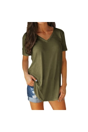 Womens Tshirts Summer V Neck Short Sleeve Loose T-Shirts With Side Split Curved Hem Plus Size Solid Color Breathable Daily Outings Beach Casual Tees