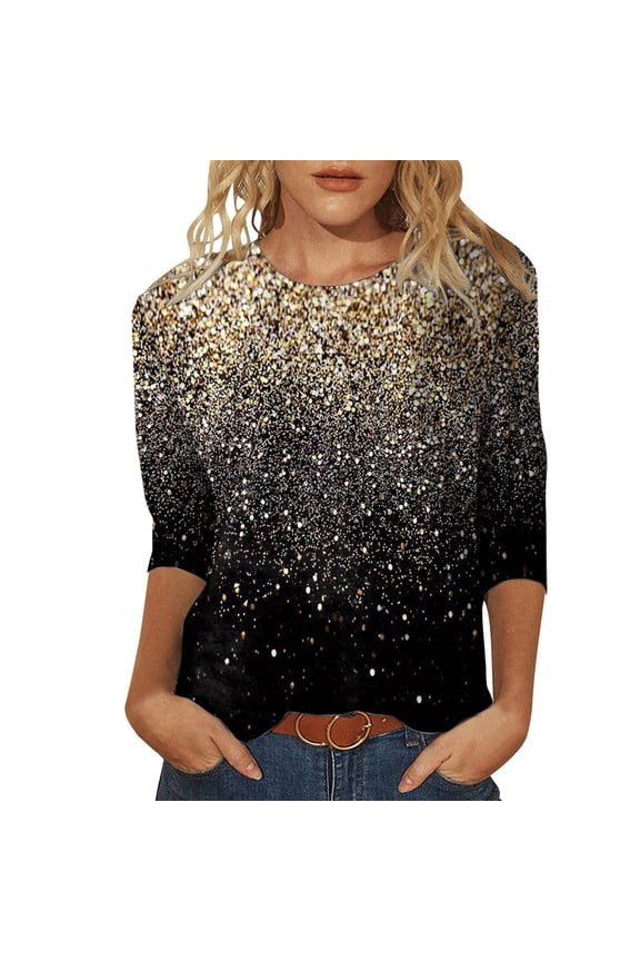 Womens Tshirts Terndy Printed 3/4 Sleeve Crewneck Tees Casual Loose Fit Soft Stretchy Breathable Classic Trendy Blouses