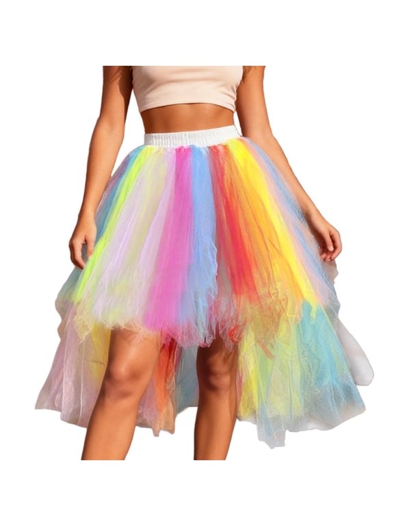 Womens Tulle Skirts High-Low Hem Colorful Layered Tutu Skirts High Waist A Line Elastic Waist Puff Tulle Rainbow Party Fluffy Skirts