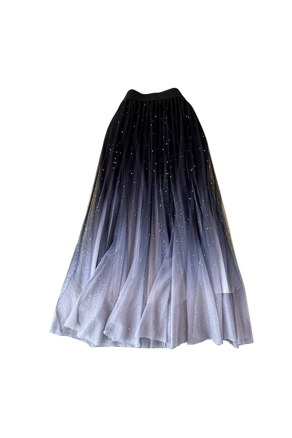 Womens Tulle Skirts Starry Sky Print Gradient Mesh Midi Skirts High Waist A-Line Pleated Skirts Sequin Glitter Sheer Tulle Casual Party Skirts