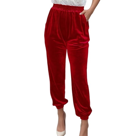 Bibifish Womens Velvet Harem Jogger Pants Elastic Waist Ankle Cuffed Casual Bottoms With Side Pockets