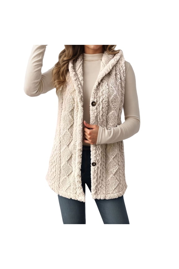 Womens Vest Trendy Cable Knit Plush Sweater Vasts Reversible Hooded Button Down Vast Fall Winter Casual Warm Outerwear