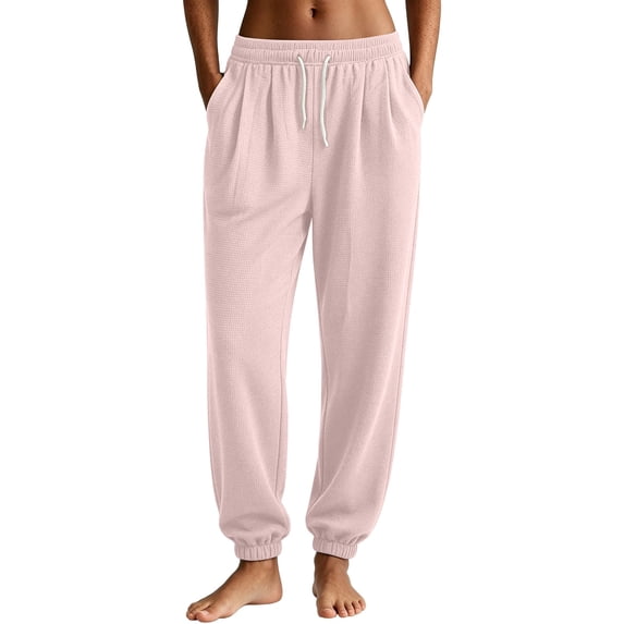 Bibifish Womens Waffle Knit Jogger Pants High Waisted Drawstring Elastic Waist Ribbed Ankle Cuffs Lounging Pants With Pockets