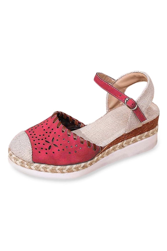 Womens Wedge Ankle Strap Sandals Perforated Toe Cap Woven Rope Sole Adjustable Buckle Open Toe Summer Resort Daily Ladies Sandals