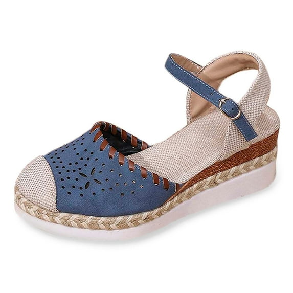 Bibifish Womens Wedge Ankle Strap Sandals Perforated Toe Cap Woven Rope ...