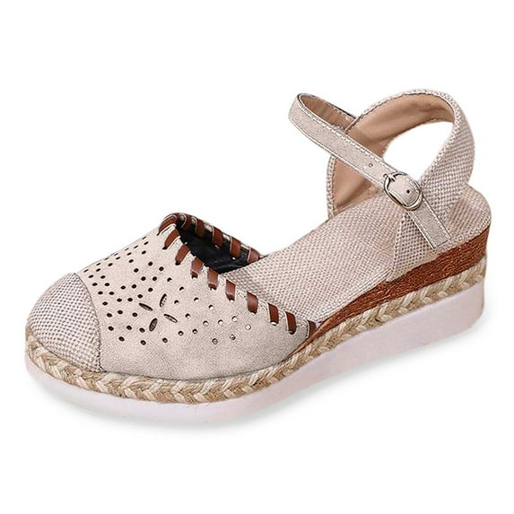 Bibifish Womens Wedge Ankle Strap Sandals Perforated Toe Cap Woven Rope ...