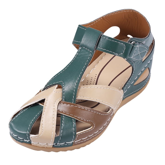 Bibifish Womens Wedge Ankle Strap Sandals Two Tone Closed Toe Side Cutout Adjustable Strap Open Side Summer Outdoor Casual Ladies Sandals