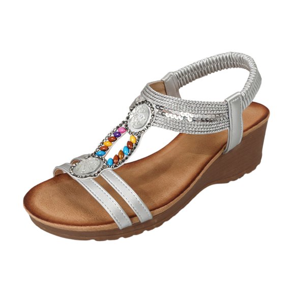 Bibifish Womens Wedge Sandals Chic Colorful Stone Elastic Slingback Wedge Sandals Ladies Summer Beach Vacation Wedge Sandals