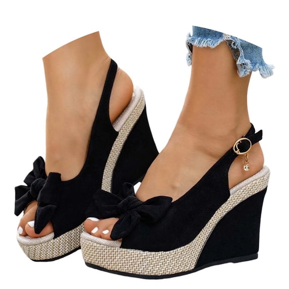 Bibifish Womens Wedge Sandals Glam Feminine Bow Raffia Ankle Buckle Open Toe Wedge Sandals Summer Evening Party Wedding Guest Sandals