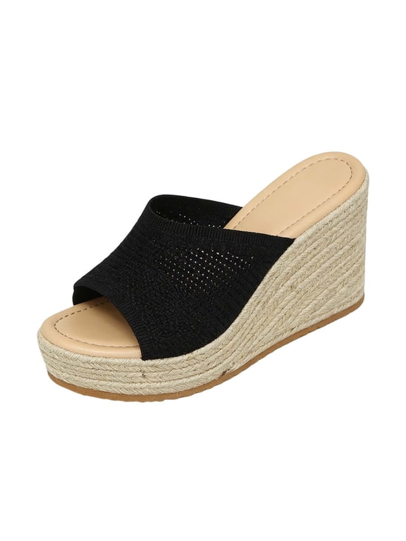 Womens Wedge Sandals Minimalist Light Breathable Knit Raffia Slip On Open Toe Wedge Sandals Summer Everyday Walking Casual Sandals