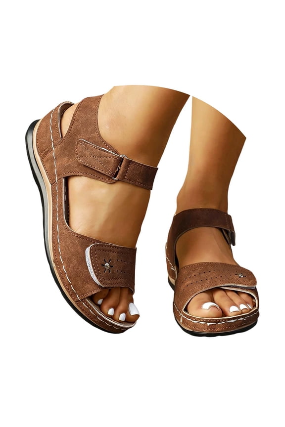 Womens Wedge Sandals Stable Open Toe Dual Hook Loop Footbed Cutout Suade Wedge Sandals Comfortable Summer Walking Sandals
