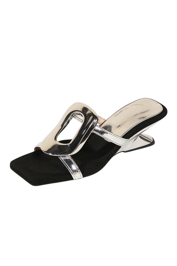 Womens Wedge Slide Sandals Luxe Metallic Buckle Open Square Toe Wedge Slide Sandals Evening Casual Wear Wedge Slide Sandals