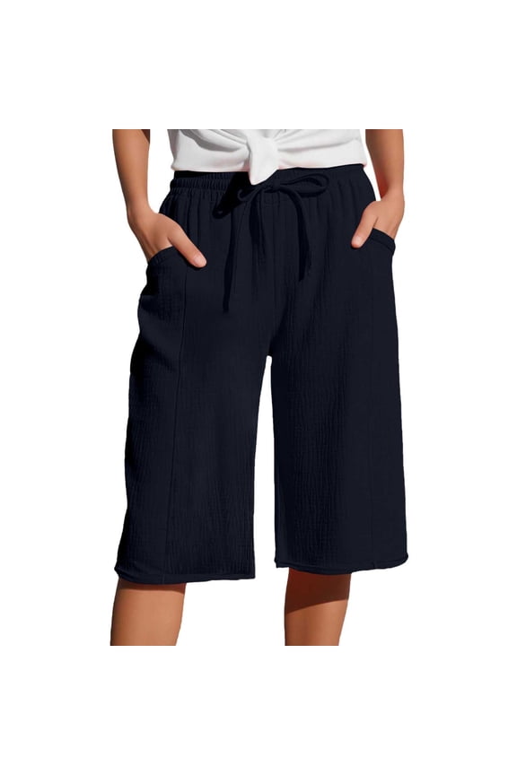 Womens Wide Leg Capri Pants Elastic Waist Cropped Loose Solid Light Side Pockets Summer Strolls Airy Breathable Chic Pants