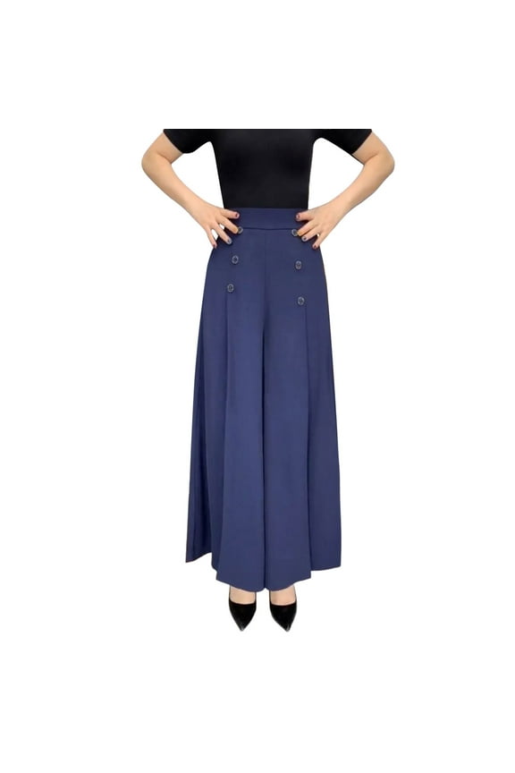 Womens Wide Leg Dress Pants Button Closure Full Length Pleated Pants With Pockets Relaxed Fit Street Wear Evening Dinners Polished Dress Pants