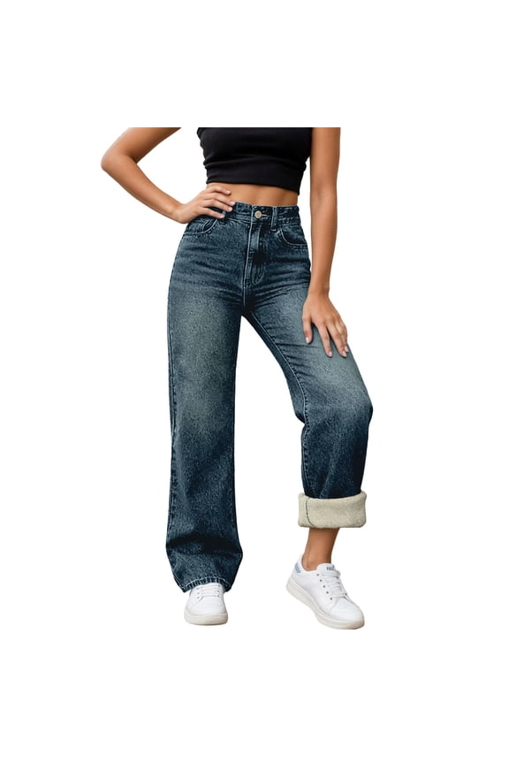 Womens pants Plus Size Lined warm Jeans High Waist Washed Loose fit Wide Leg Straight Leg comfortable Winter Denim Pants
