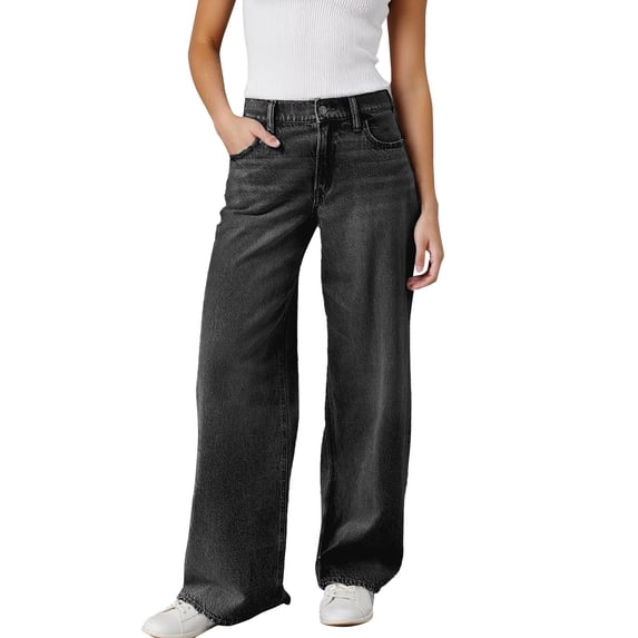 Bibifish Womens Pants Vintage Washed Jeans Loose Fit Wide Leg Denim Trousers Retro 80S 90S Style Loose Fit Button Fly Pants