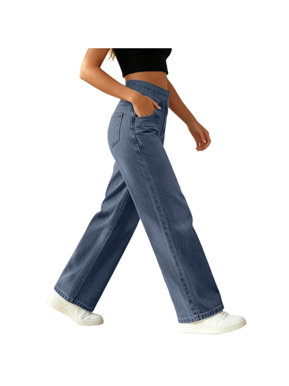 Womens Wide Leg Jeans High Waist Button Fly Denim Jeans Loose Fit Casual Jeans M Navy