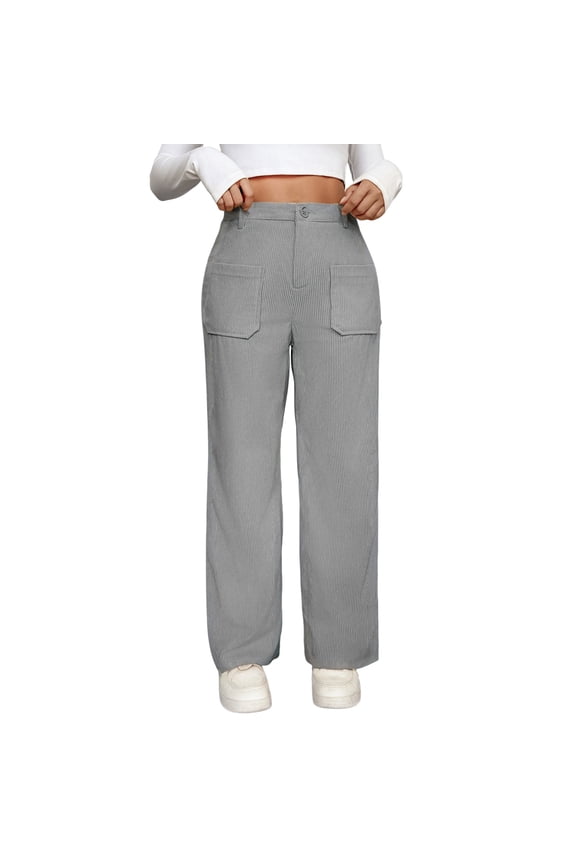 Womens Wide Leg Pants Button Waist Ankle Length Relaxed Fit Vertical Stripe Pattern Back Patch Pockets Vintage Casual Daily Wear Classic Pants