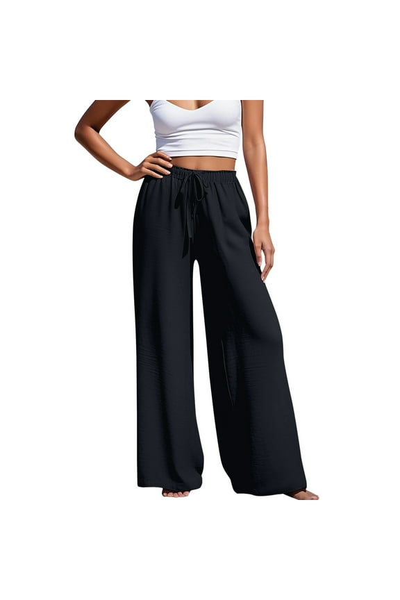 Womens Wide Leg Pants Elastic Waist Full Length Drawstring Loose Fit Pants Lightweight Beach Trips Casual Gatherings Airy Wide Leg Pants With Pockets