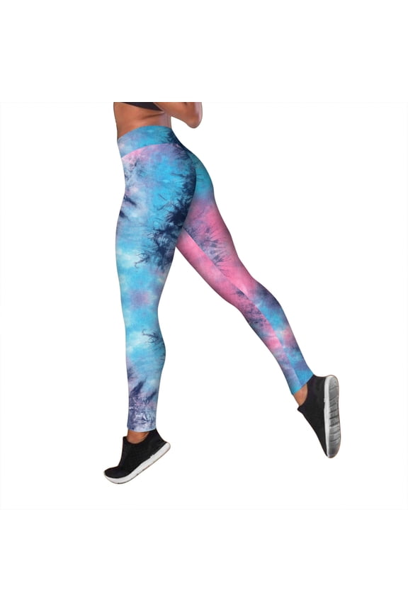 Womens Yoga Pants Blue Tie-Dye High Waist Yoga Pants Stretchy Breathable Fabric Festival & Gym Session Trendy Leggings