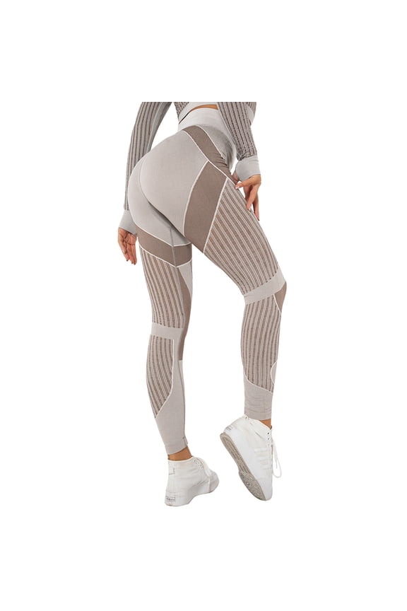 Womens Yoga Pants Full-Length Yoga Pants Two-Tone Ribbed Panel High-Waist Tummy Control Dance Studio Stylish Yoga Leggings