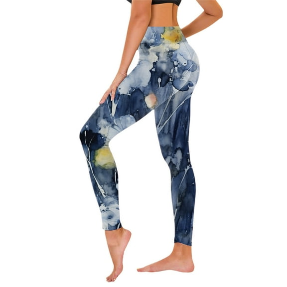 Bibifish Womens Yoga Pants Navy Watercolor Print Yoga Pants High Waist Stretchy Fabric Art Class & Casual Walk Artistic Leggings