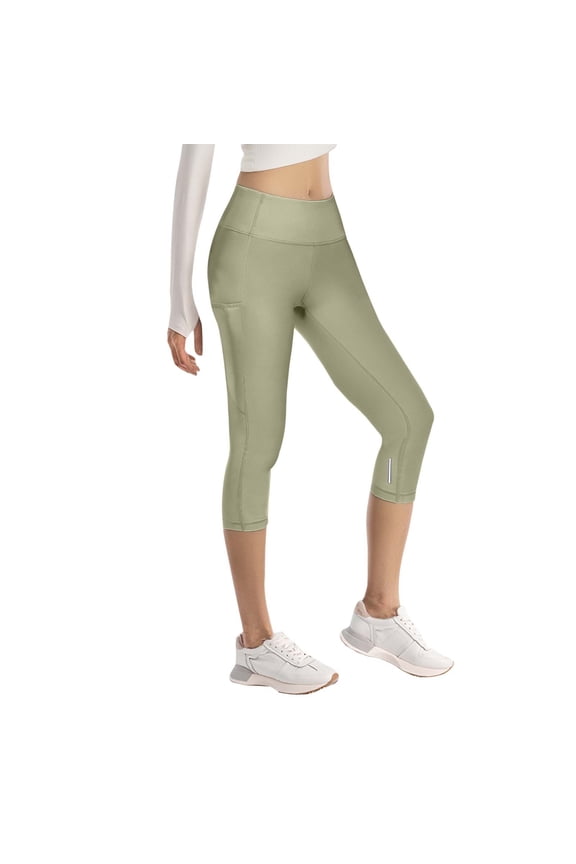 Womens Yoga Pants Olive Green Capri Yoga Pants Side Pocket Reflective Detail Stretchy Fabric Evening Jog & Errands Yoga Leggings