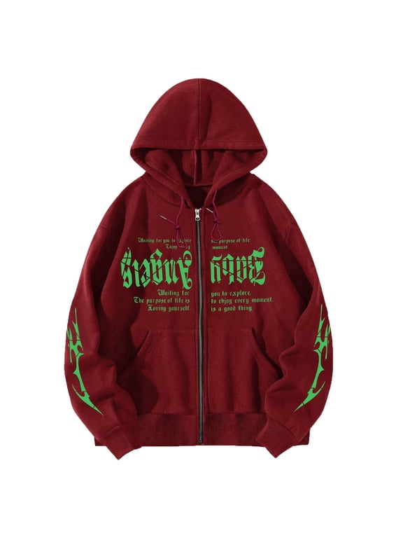 Womens Zip Up Hoodies Y2K Letter Print Graphic Hooded Sweatshirts Casual Long Length Gaphic Hooded Jackets