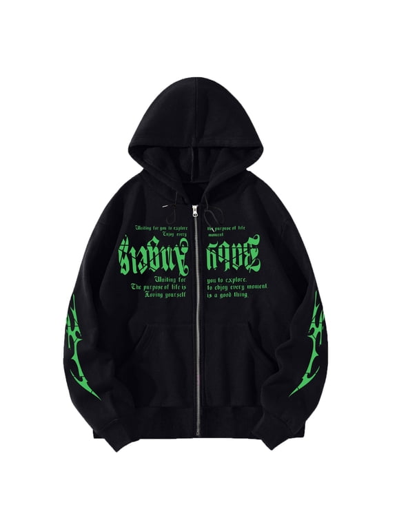 Womens Zip Up Hoodies Y2K Letter Print Graphic Hooded Sweatshirts Casual Long Length Gaphic Hooded Jackets