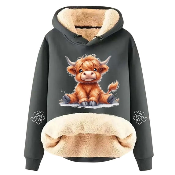 Bibifish Womens lined Hoodies cow Printed Drawstring long sleeve Hoodies With Pocket winter thermal Stylish Pullover Tops