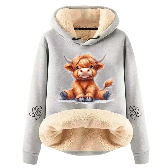 Bibifish Womens lined Hoodies cow Printed Drawstring long sleeve Hoodies With Pocket winter thermal Stylish Pullover Tops