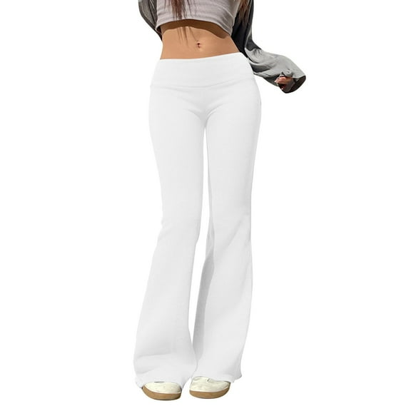 Bibifish Womens Leggings Slim Fit Elastic Flare Leggings Solid Color Large Folding Bottom Pants Sports Workout Trendy Autumn Winter Outfits