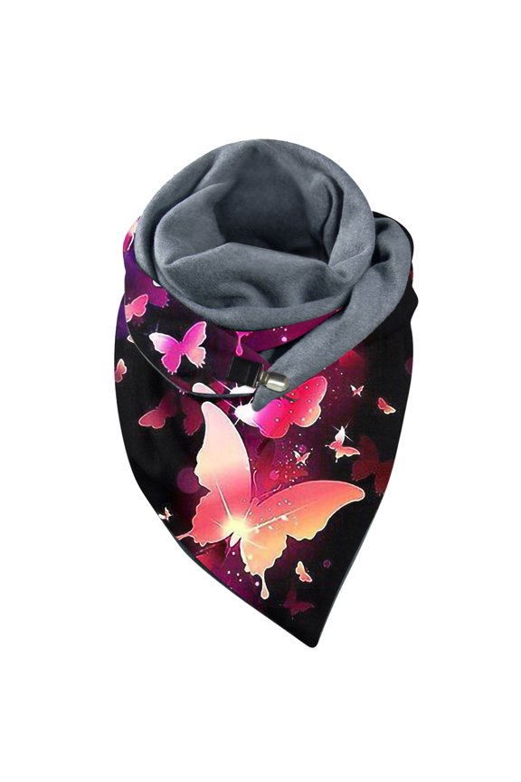 womens fleeced lined triangle wrap cute graphic printed Elegant neck warmer Double Layer Buckle elegant outings scarf for ladies