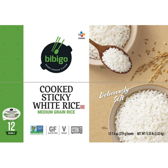 Bibigo Cooked Sticky White Rice Bowls 7.4 Ounce (12 Count)