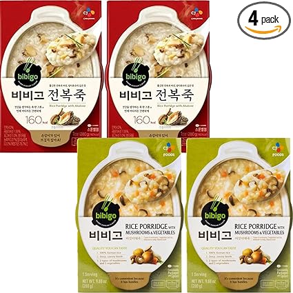 Bibigo Korean Rice Porridge Instant Ready Meal Combo Pack - 2 Abalone, 2 Mushroom&Vegetable - 4 pack x 10oz each -   