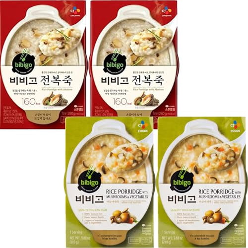 Bibigo Korean Rice Porridge Instant Ready Meal Combo Pack - 2 Abalone, 2 Mushroom&Vegetable - 4 pack x 10oz each -   